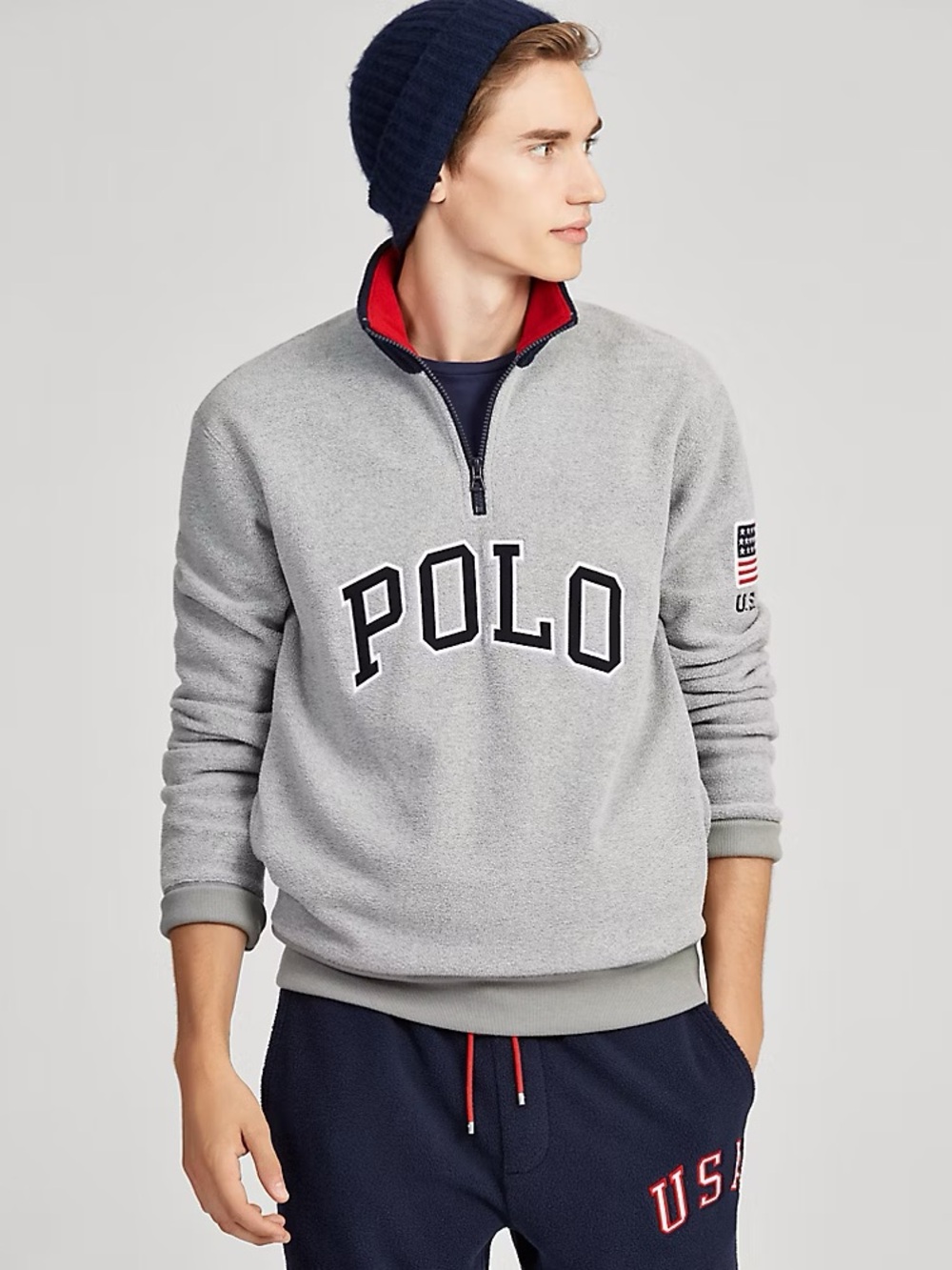 Polo Ralph Lauren Boys L 14-16 USA Flag Fleece Quarter Zip Pullover Gray